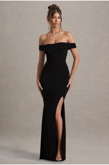 Black Bardot Draped Split Maxi Dress