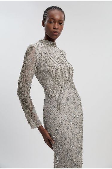 Crystal Embellished Long Sleeve Woven Maxi Dress