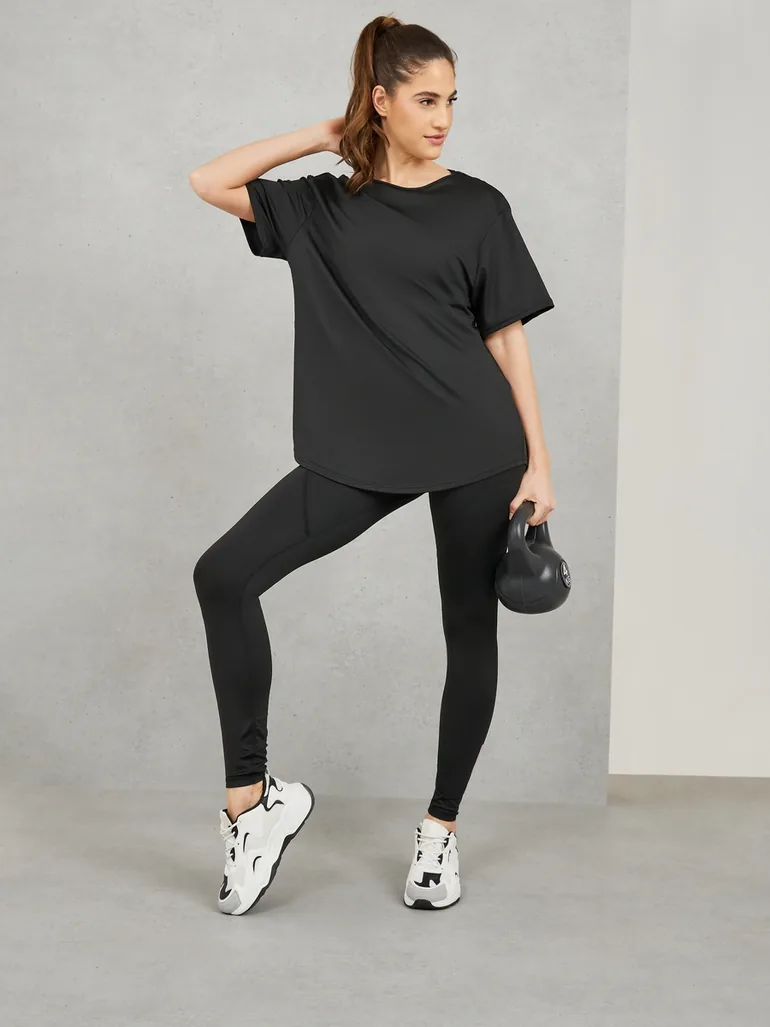 Pack of 3 - Mesh Panel T-Shirt, Crossback Strap Sports Bra and Stitch Detail Leggings