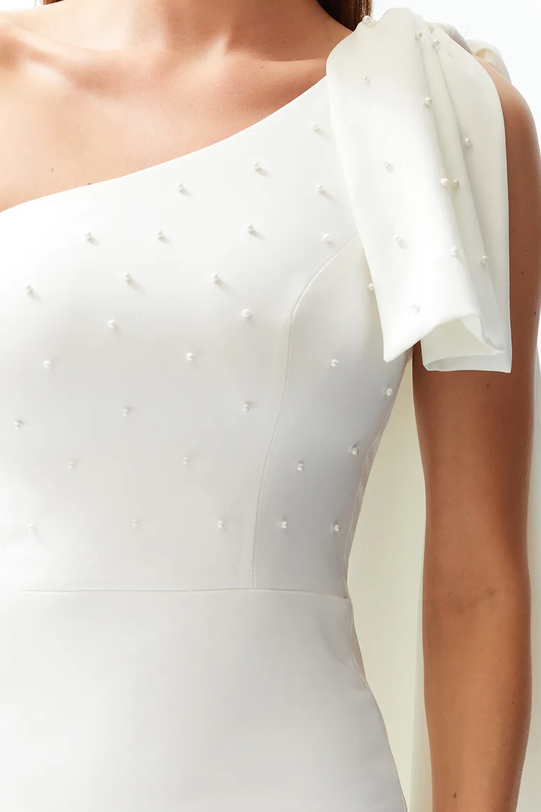 White Pearl Detailed Bow Wedding/Wedding Elegant Evening Dress - 2