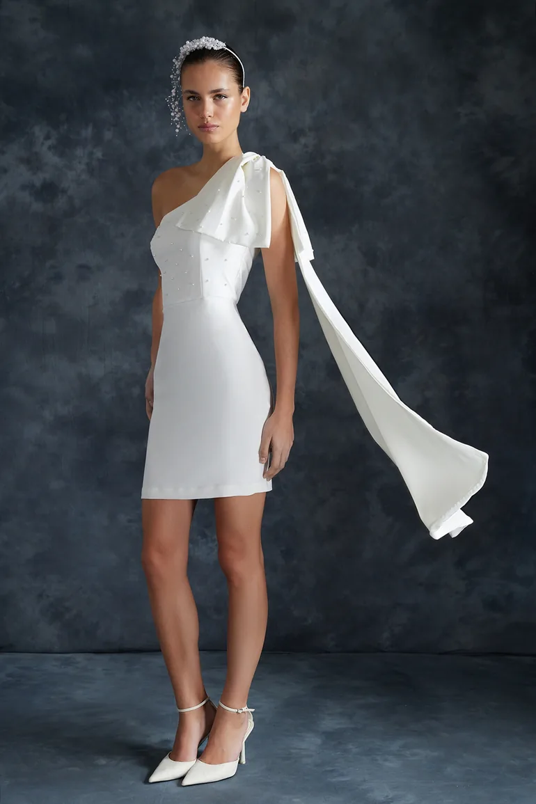 White Pearl Detailed Bow Wedding/Wedding Elegant Evening Dress - 8