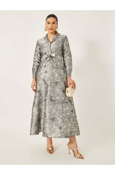 Jacquard Collared Long Sleeves A-Line Maxi Dress