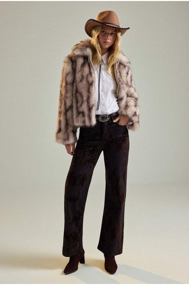 Brown Suede Look High Waist Wide Leg Jeans