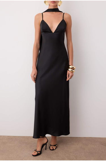 Black Shawl Detailed Satin Woven Maxi Evening Night Graduation Dress product thumbnail 3