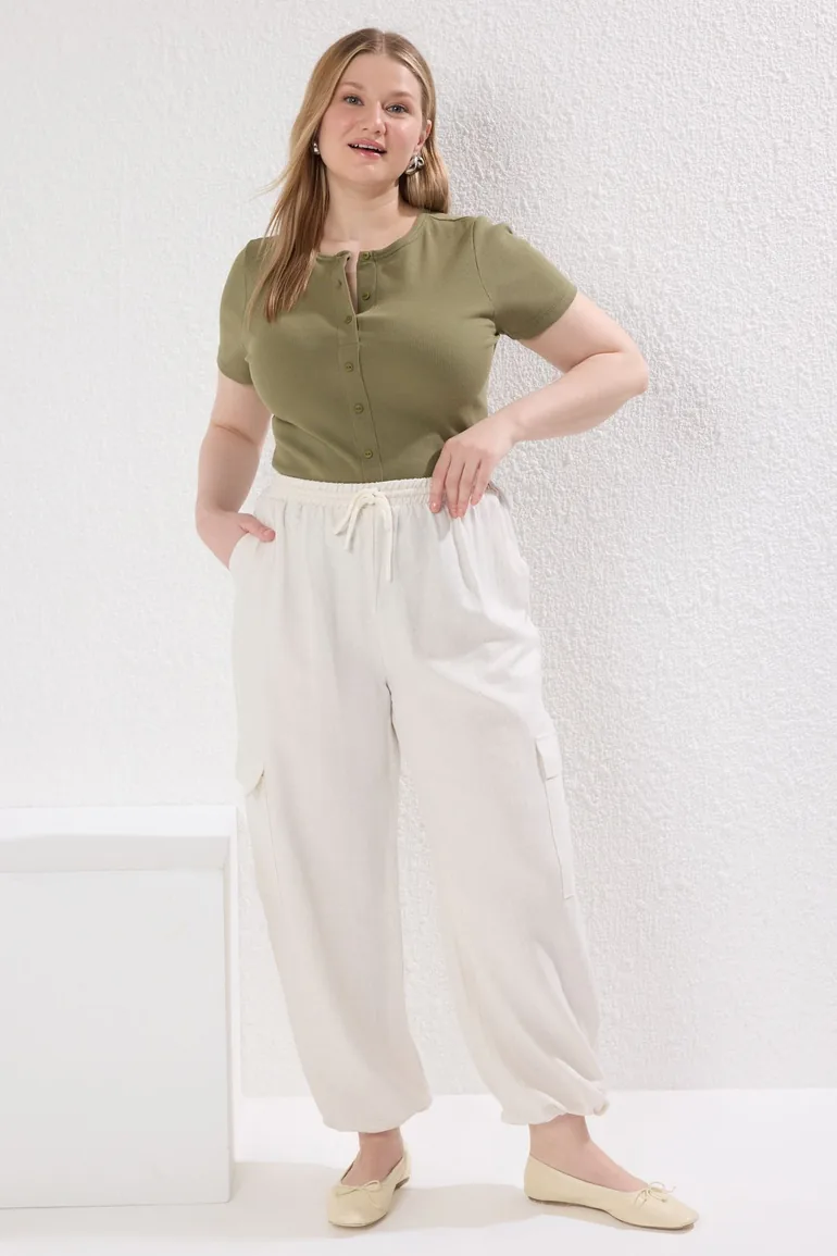 Green Button Detail Fitted Corduroy Knitting Plus Size Blouse - 1