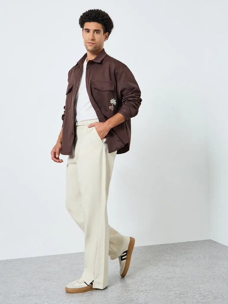 Men Beige Wide Leg Trousers - 1