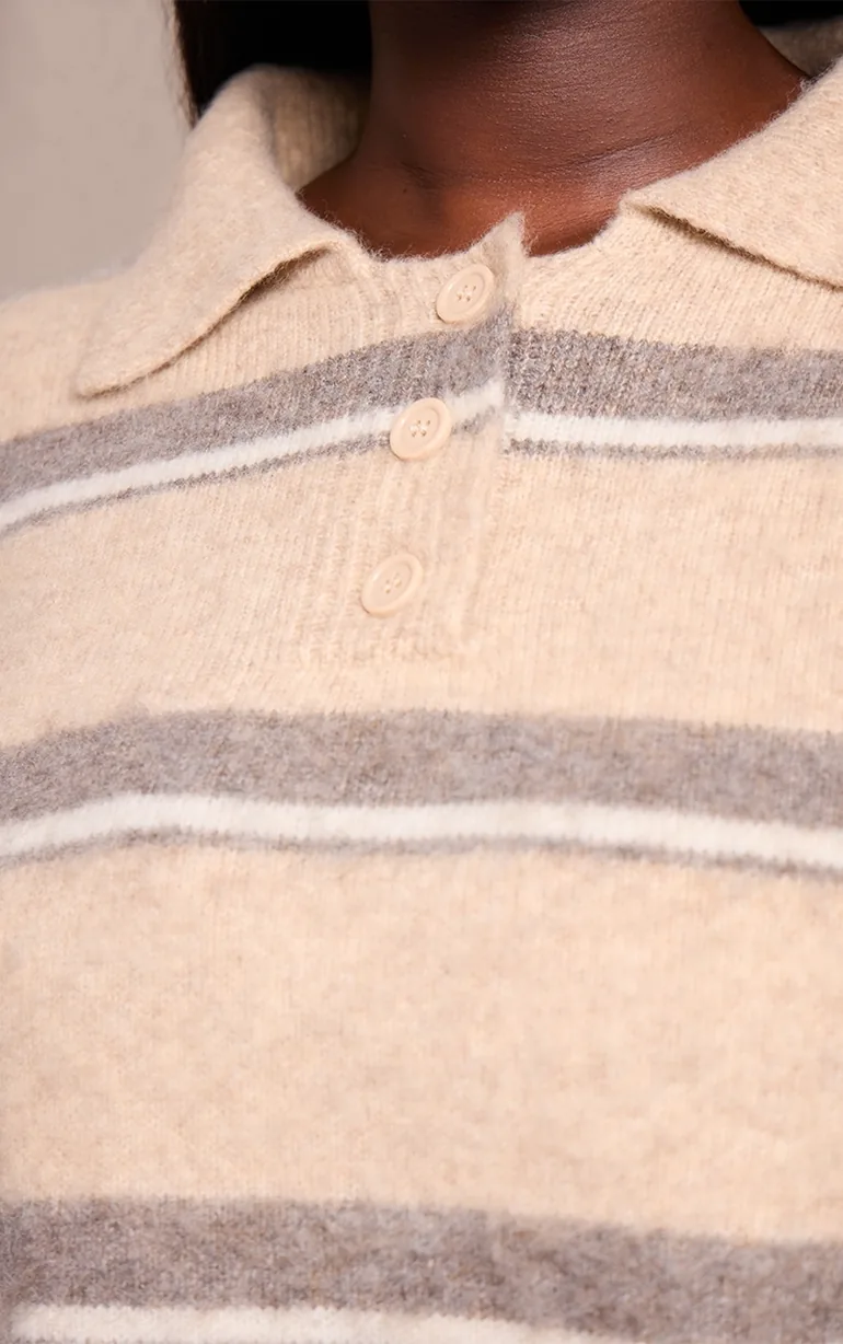 Plus Taupe Striped Brushed Knit Oversized Rugby Style Jumper - 3