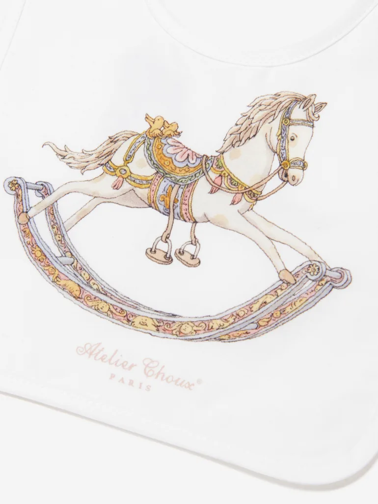 Baby Rocking Horse Satin Bib in White - 2