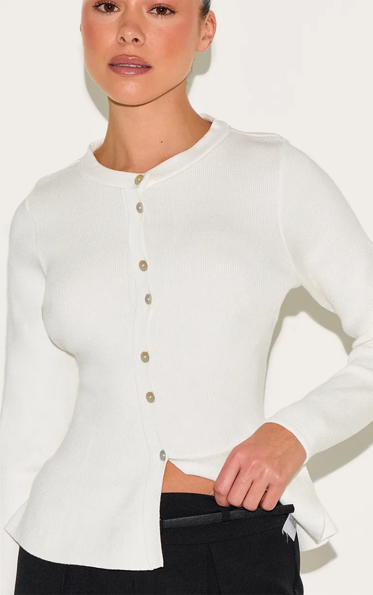 Cream Compact Knit Peplum Cardigan - 3