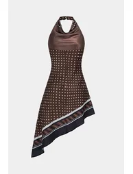 Polka Dots Stripes Print Satin Draped Cowl Halter Neck Backless Asymmetrical Hem Mini Dress - 2