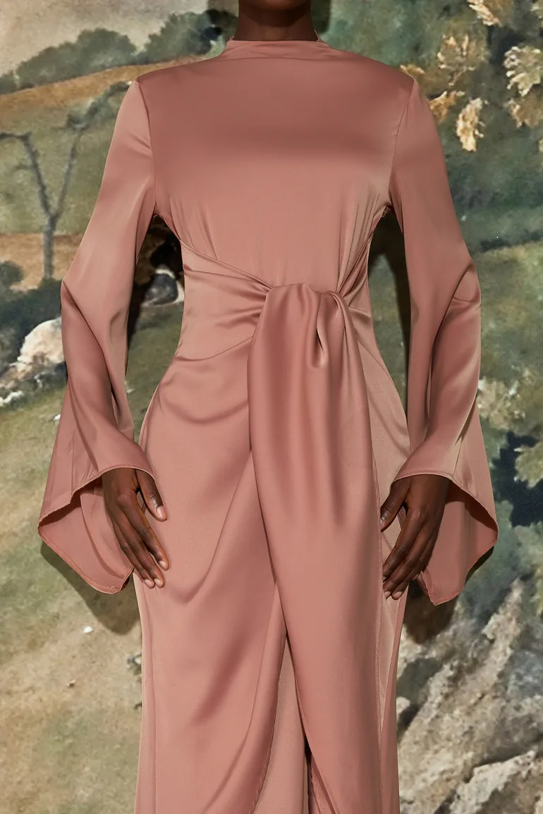 Satin Tie-Up Bell Sleeve Maxi Dress - 5