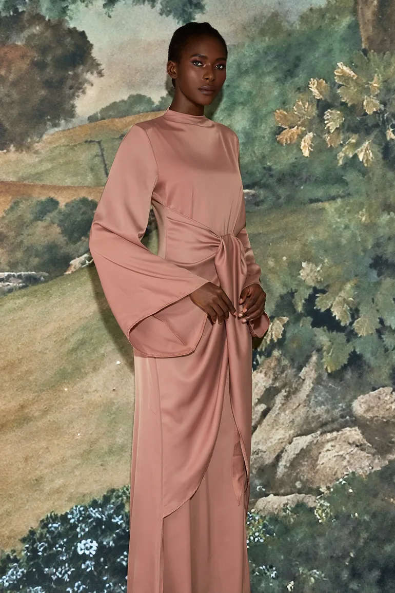 Satin Tie-Up Bell Sleeve Maxi Dress - 2