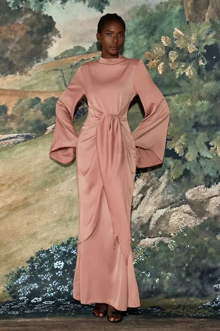 Satin Tie-Up Bell Sleeve Maxi Dress - 9