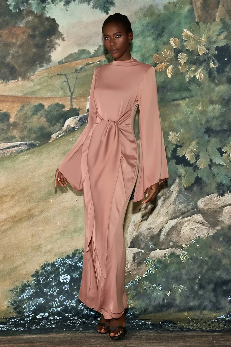 Satin Tie-Up Bell Sleeve Maxi Dress - 4