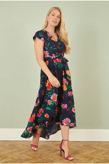 Yumi Navy Flower Print Wrap Midi Dress product thumbnail 2