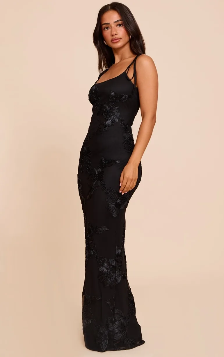 Petite Black Flower Detail Maxi Dress - 2