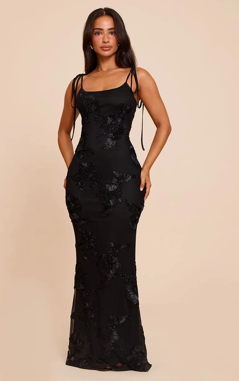 Petite Black Flower Detail Maxi Dress - 5