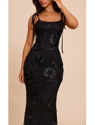 Petite Black Flower Detail Maxi Dress - 3