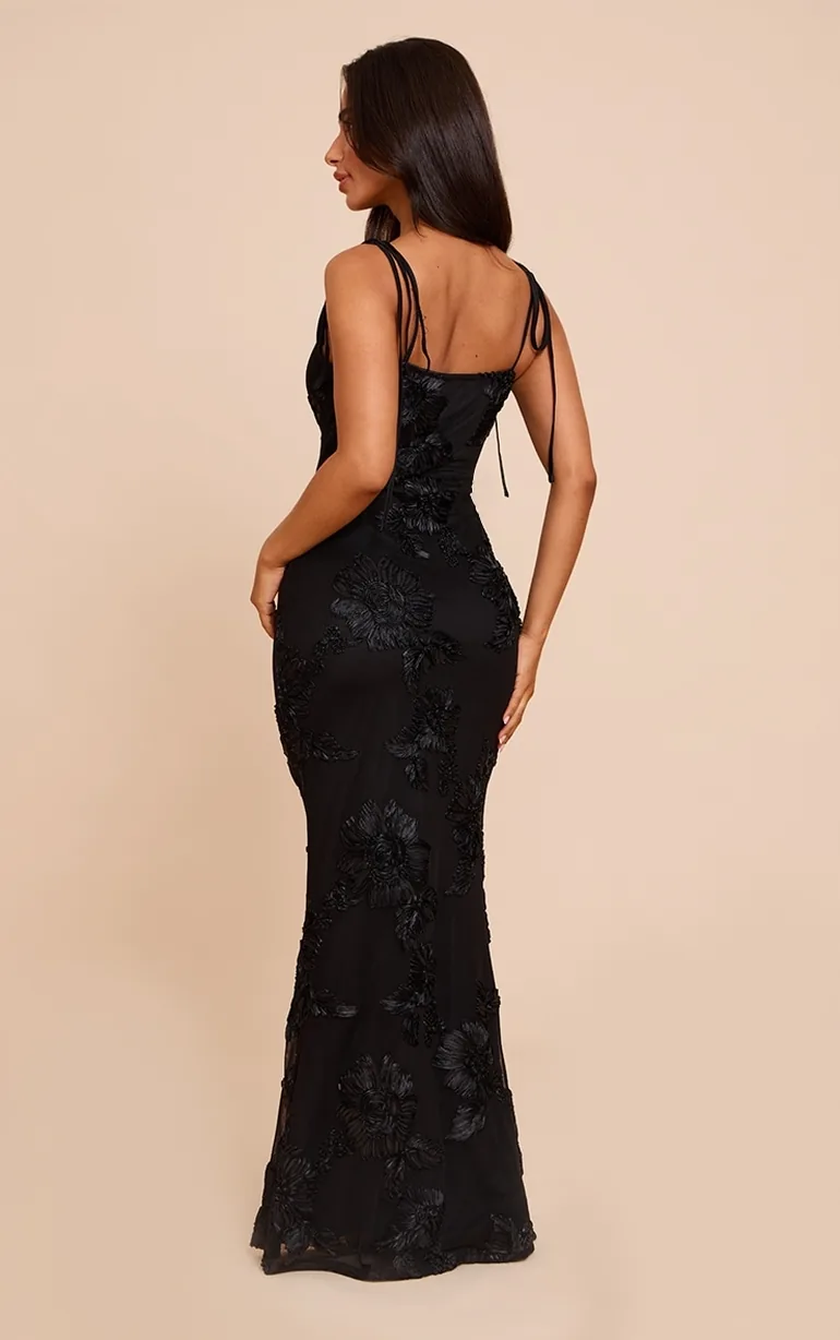 Petite Black Flower Detail Maxi Dress - 1