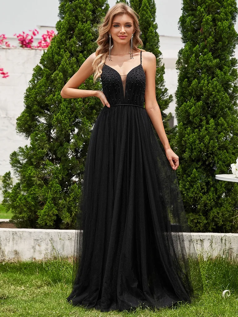 V-Neck A-Line Wedding Dress featuring Delicate Pearl Accents - 4