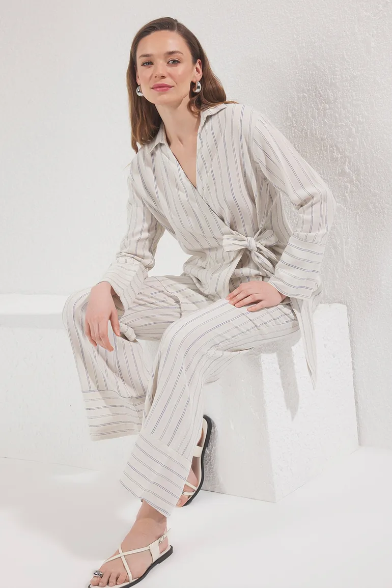 Beige Striped Linen Look Wrapped Shirt-Pants Woven Bottom-Top Set - 1