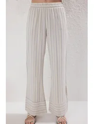 Beige Striped Linen Look Wrapped Shirt-Pants Woven Bottom-Top Set - 2