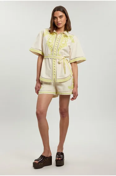 Linen Blend Beaded Embroidery Short Co ord