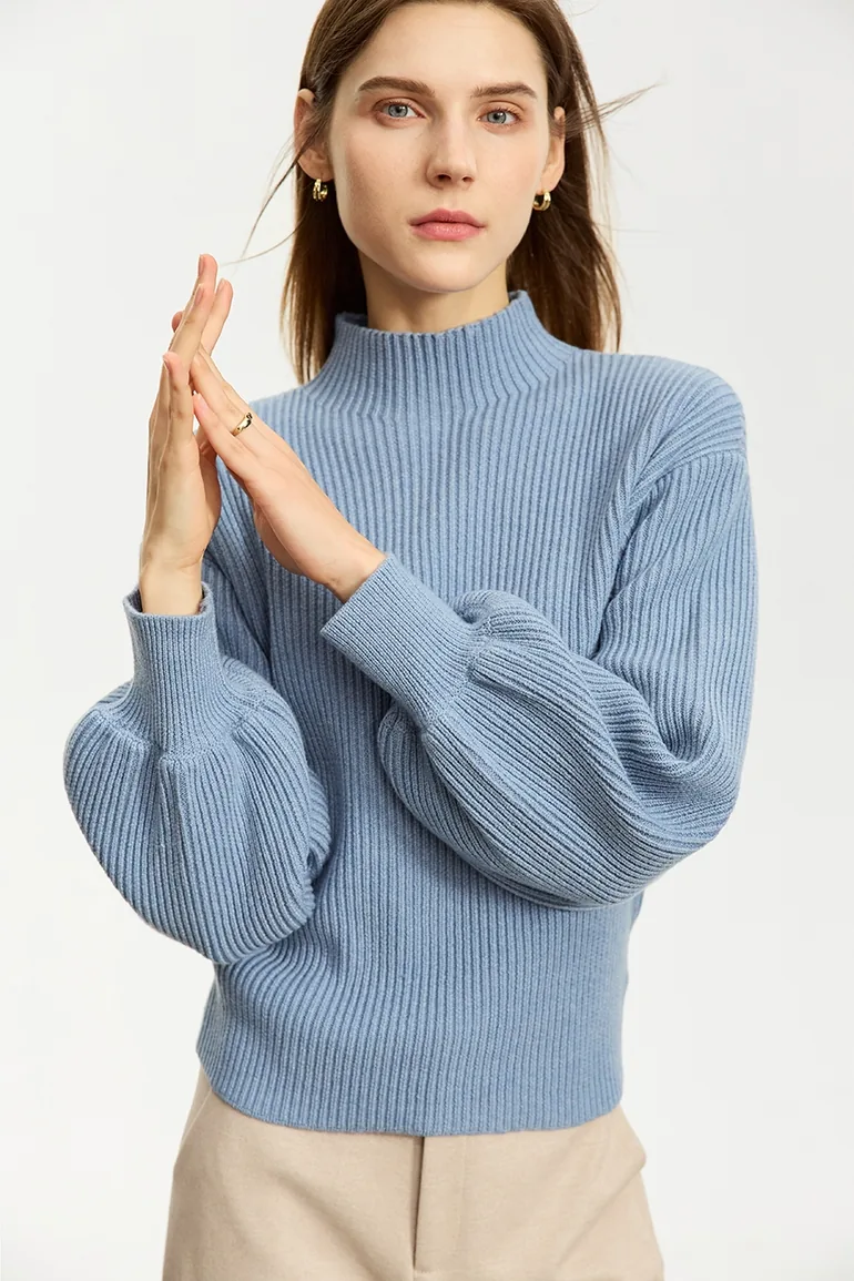 Mock Neck Lantern Sleeve Sweater - 1