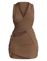 Beige Double Layer Mesh Wrap Mini Dress - 4