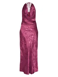 Wine Satin Extreme Cowl Neck Maxi Dress - 4