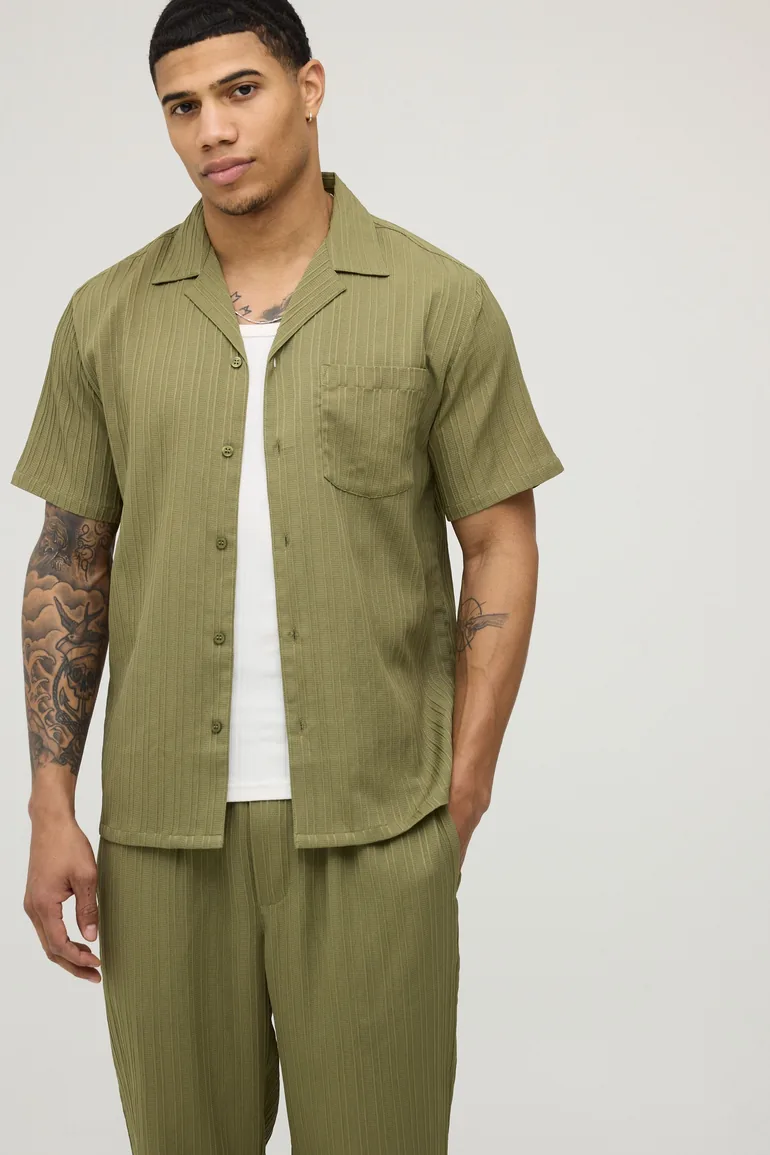 Regular Fit Deep Revere Irregular Pleat Shirt and Trouser Set - olive - 1