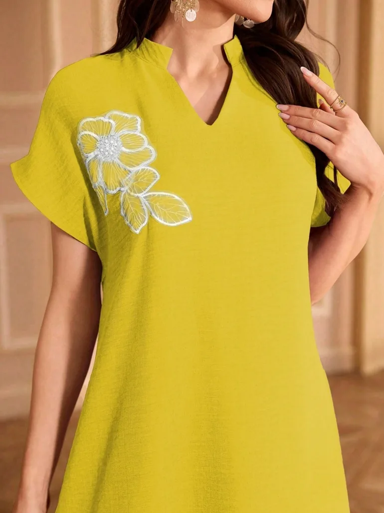 Women Floral Patch Detail Open Collar Maxi Dress - 3