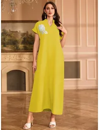 Women Floral Patch Detail Open Collar Maxi Dress