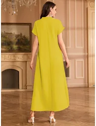 Women Floral Patch Detail Open Collar Maxi Dress - 4