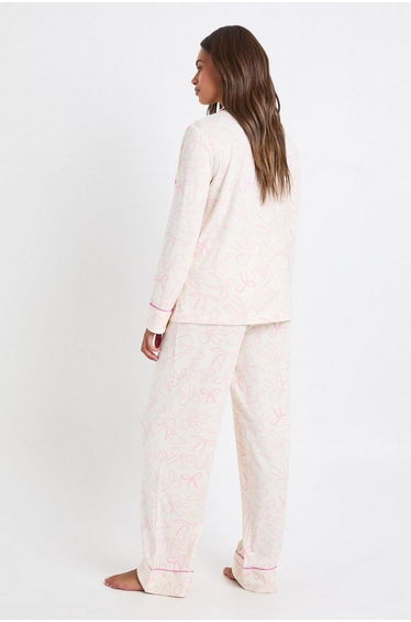 Womens Matching Family Bow Print Super Soft Long Sleeve Shirt & Trousers Pyjama Set - light pink product thumbnail 2