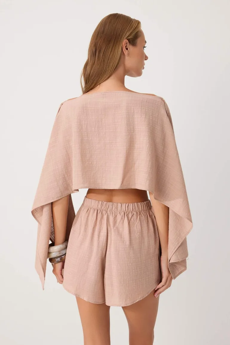 Mink Woven Drawstring Beach Blouse Skirt Set - 3