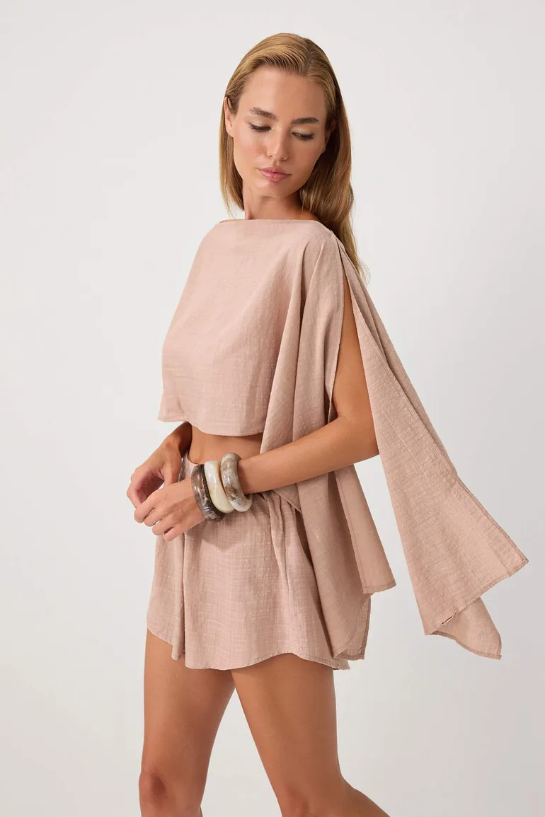 Mink Woven Drawstring Beach Blouse Skirt Set - 1