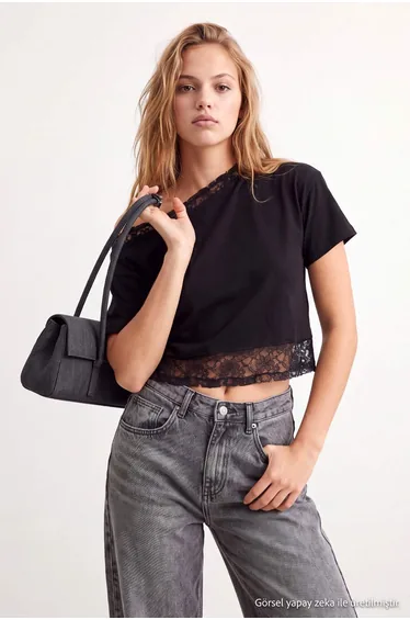Black Plain Relaxed Asymmetric Collar Short Regular 20/1 Combed Single Jersey Knitted T-Shirt