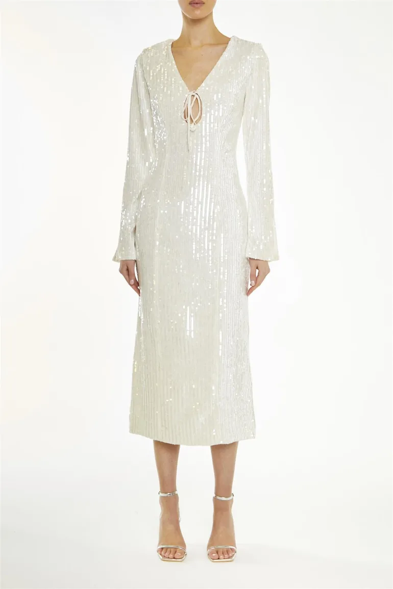 Anais Clear-Nude Sequin Flared-Sleeve -Dress