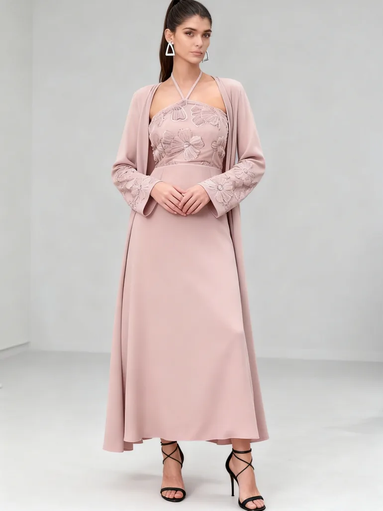 Pink Embroidered Halter Neck Dress with Kimono Co-Ords - 5