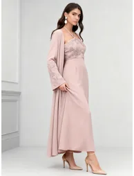 Pink Embroidered Halter Neck Dress with Kimono Co-Ords - 6