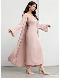 Pink Embroidered Halter Neck Dress with Kimono Co-Ords - 4