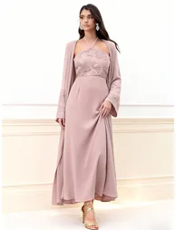 Pink Embroidered Halter Neck Dress with Kimono Co-Ords - 3