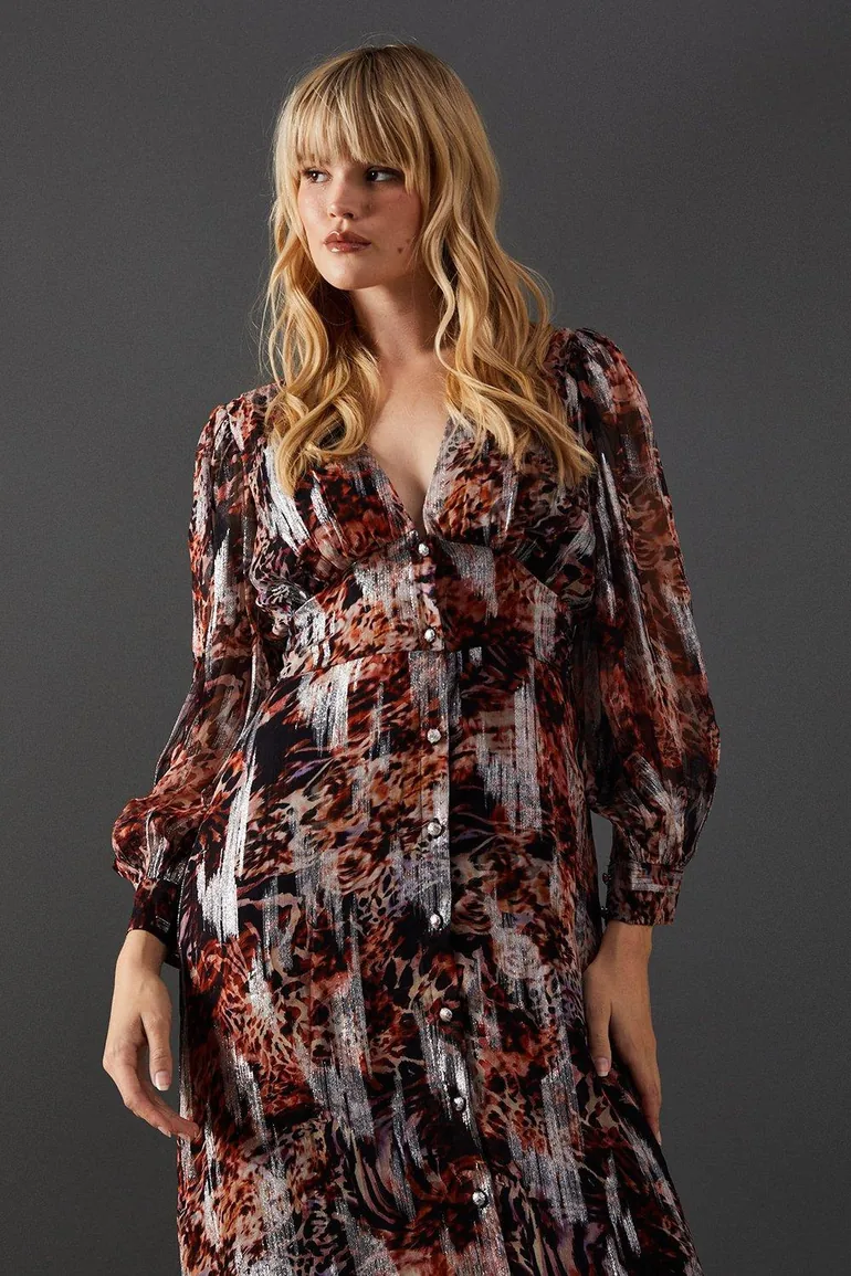 Metallic Jacquard Plunge Neck Button Through Midi Dress - 1