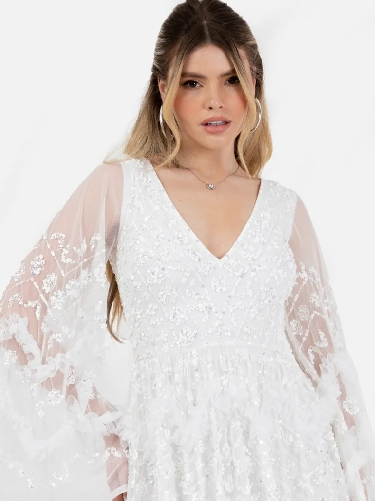 Maya Ivory Fully Embellished V Neck Long Sleeve Bridal Maxi Dress - 3
