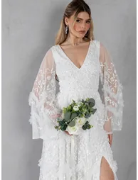 Maya Ivory Fully Embellished V Neck Long Sleeve Bridal Maxi Dress - 8