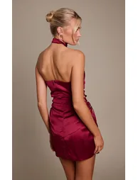Wine Satin High Collar Lace Up Corset Mini Dress - 2