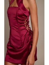 Wine Satin High Collar Lace Up Corset Mini Dress - 3