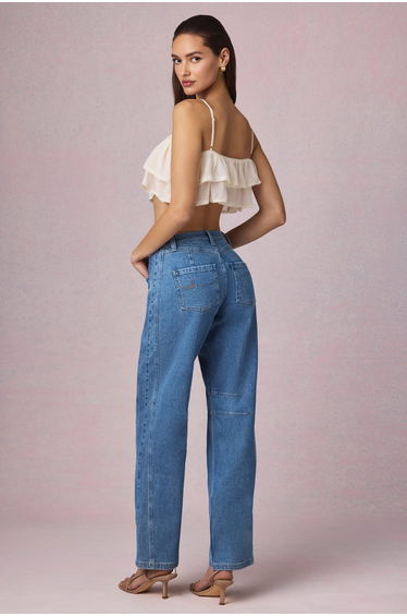 Mid-Rise Barrel-Leg Jeans in Mid-Blue Wash product thumbnail 2