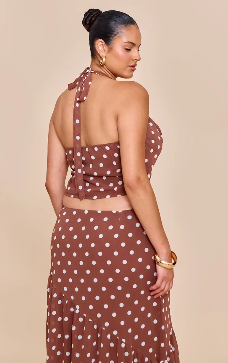 Plus Chocolate Polka Dot Halterneck Chiffon Top - 2